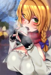 Rule 34 | 1girl, absurdres, baozi, black gloves, blonde hair, blurry, blurry background, blush, bow, braid, breasts, cleavage, cleavage cutout, clothing cutout, commentary request, cookie (touhou), food, gloves, green eyes, hair between eyes, hair bow, highres, holding, holding food, kirisame marisa, koiso usu, large breasts, long hair, looking at viewer, mars (cookie), open mouth, partially fingerless gloves, purple bow, red scarf, scarf, shirt, side braid, single braid, solo, touhou, upper body, white shirt
