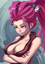 Rule 34 | 1girl, aro (charged time out), bad id, bad pixiv id, breasts, cleavage, crossed arms, face, green eyes, large breasts, long hair, original, pink hair, ponytail, solo