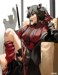 Rule 34 | 1girl, animal ears, arknights, artist logo, black footwear, black hair, black necktie, black shorts, blouse, cigarette, collared shirt, foot out of frame, formal, gloves, hair between eyes, hand up, highres, holding, holding cigarette, holding sword, holding weapon, jacket, leg warmers, long sleeves, necktie, notice lines, off shoulder, official alternate costume, open clothes, open jacket, open mouth, ponytail, red eyes, red gloves, red legwear, red shirt, sen (senro0o), shirt, shoes, shorts, sidelocks, sitting, solo focus, sword, tail, texas (arknights), texas (willpower) (arknights), watch, weapon, white background, wolf ears, wolf tail, wristwatch