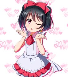 Rule 34 | 1girl, absurdres, apron, artist name, artist request, bare arms, black hair, blush, bow, collared shirt, female focus, frilled bow, frilled skirt, frills, from side, hair between eyes, hair bow, heart, highres, korekara no someday, looking at viewer, looking to the side, love live!, love live! school idol festival, love live! school idol project, one eye closed, petals, pink shirt, pink thighhighs, red bow, red eyes, shirt, sidelocks, skirt, skirt hold, sleeveless, sleeveless shirt, smile, solo, striped clothes, striped thighhighs, thighhighs, twintails, white apron, white background, yazawa nico