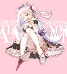 Rule 34 | 1girl, animal ears, azur lane, bare shoulders, blue eyes, bow, cat ears, choker, commentary request, crying, crying with eyes open, ha2ru, hair bow, hair ribbon, hammann (azur lane), high heels, long hair, open mouth, pink background, remodel (azur lane), ribbon, sitting, solo, tears, thighhighs, two side up, wavy mouth, white hair, white thighhighs