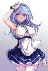 Rule 34 | 1girl, anchor choker, apron, arm up, azur lane, blue hair, blush, breasts, choker, clothing cutout, commentary request, dido (azur lane), frills, gradient background, hairband, large breasts, long hair, looking at viewer, purple eyes, simple background, sleeveless, solo, thighhighs, underboob, underboob cutout, waist apron, white apron, white thighhighs, yoruhachi
