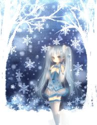 Rule 34 | 1girl, alternate color, bad id, bad pixiv id, detached sleeves, female focus, hatsune miku, long hair, nature, necktie, ou (swdp), outdoors, skirt, snow, snowflakes, solo, thighhighs, twintails, vocaloid, white hair, yuki miku, zettai ryouiki