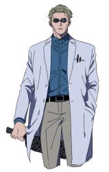Rule 34 | 1boy, belt, black belt, blonde hair, blue shirt, coat, collared shirt, expressionless, goggles, hand in pocket, holding, holding knife, holding weapon, jujutsu kaisen, knife, lab coat, long sleeves, looking at viewer, male focus, nanami kento, pants, shirt, short hair, solo, standing, sumio (smosmo), weapon, white background, white coat
