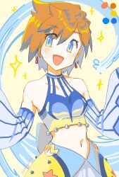 Rule 34 | 1girl, armpits, bare shoulders, blue eyes, blush, breasts, creatures (company), detached sleeves, earrings, eyelashes, game freak, highres, jewelry, joy kim, looking at viewer, misty (pokemon), misty (sygna suit) (pokemon), navel, nintendo, official alternate costume, open mouth, orange hair, pokemon, pokemon masters ex, shirt, short hair, skirt, small breasts, smile, solo