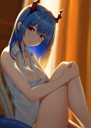 Rule 34 | 1girl, alternate hairstyle, arknights, bare arms, bare shoulders, blue hair, blush, breasts, ch&#039;en (arknights), commentary, dragon horns, feet out of frame, hair between eyes, hair down, highres, horns, indoors, knee up, kurosara, light particles, long hair, looking at viewer, medium breasts, parted lips, red eyes, shirt, sitting, sleeveless, sleeveless shirt, smile, solo, thighs, white shirt