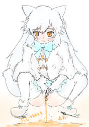 Rule 34 | 1girl, :3, animal ears, arctic fox (kemono friends), blue neckwear, blue skirt, blush, bow, bowtie, capelet, fox ears, fox girl, fox tail, fur-trimmed gloves, fur-trimmed shoes, fur trim, gloves, highres, hinoto (pixiv48761170), kemono friends, long hair, long sleeves, looking down, no panties, peeing, puddle, pussy, shirt, shoes, skirt, smile, spread pussy, squatting, steam, sweat, tail, thighhighs, uncensored, white background, white capelet, white footwear, white gloves, white hair, white shirt, white thighhighs, yellow eyes