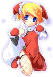 Rule 34 | 1girl, blonde hair, blush, christmas, elbow gloves, fishnet thighhighs, fishnets, flat chest, gloves, hat, mittens, red mittens, santa costume, shoes, short hair, solo, thighhighs, yomi (artist)