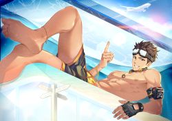 Rule 34 | 1boy, abs, aircraft, airplane, anklet, armband, bara, barefoot, biceps, black gloves, black male swimwear, black swim trunks, brown eyes, brown hair, cloud, cloudy sky, crossed legs, day, fingerless gloves, gloves, goggles, headphones, headphones around neck, highres, jewelry, large pectorals, long sideburns, looking at viewer, lying, male focus, male swimwear, manly, mature male, muscular, muscular male, necklace, nipples, on back, original, pectorals, pmoazi, short hair, sideburns, sign, sky, smile, solo, spiked hair, swim trunks, swimsuit, teeth, topless male