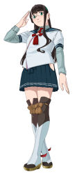 Rule 34 | 1girl, absurdres, black hair, blue sailor collar, blue skirt, boots, commentary request, full body, green eyes, green hairband, hairband, highres, kantai collection, layered sleeves, long hair, long sleeves, looking at viewer, necktie, ojipon, ooyodo (kancolle), pleated skirt, red necktie, sailor collar, salute, school uniform, serafuku, short over long sleeves, short sleeves, simple background, skirt, solo, standing, thigh boots, white background
