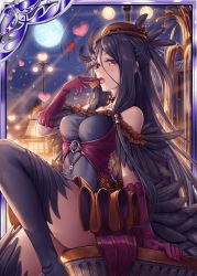 Rule 34 | 1girl, akkijin, bare shoulders, black dress, black feathers, black hair, breasts, brown headwear, brown ribbon, dress, eating, feathers, full moon, gloves, hat, heart, house, lamppost, lantern, large breasts, looking at viewer, moon, night, night sky, official art, outdoors, paper lantern, red eyes, red gloves, ribbon, shinkai no valkyrie, sitting, sky, sky lantern, thighhighs, valentine