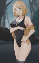 Rule 34 | 1girl, ashley graham, blonde hair, blush, bob cut, breasts, brown jacket, cleavage, competition swimsuit, forest, green eyes, highres, jacket, jewelry, large breasts, looking at viewer, nature, necklace, one-piece swimsuit, resident evil, resident evil 4, short hair, sideboob, solo, swimsuit, thighs, wangxiii, water