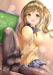Rule 34 | 1girl, :d, black sailor collar, blue skirt, blush, breasts, brown hair, brown pantyhose, commentary request, fang, feet, green eyes, hair bobbles, hair ornament, highres, inuyama aoi, large breasts, long hair, long sleeves, looking at viewer, open mouth, pantyhose, pleated skirt, sailor collar, school uniform, serafuku, shirt, side ponytail, skirt, smile, soles, solo, thick eyebrows, white neckwear, xenon (for achieve), yellow shirt, yurucamp