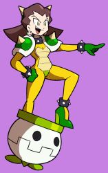 Rule 34 | 1girl, bad id, bad pixiv id, bowser, bowser (cosplay), brown hair, collar, cosplay, crossover, green eyes, hair slicked back, horns, leg up, mario (series), mega man (series), mega man legends (series), nintendo, shenanimation, short hair, shoulder pads, solo, spiked collar, spikes, tron bonne (mega man), wedge heels