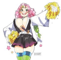 Rule 34 | 1girl, belt, black skirt, blush, blush stickers, breasts, eyelashes, green eyes, green hair, green thighhighs, hand on own hip, heart, highres, holding, holding pom poms, kanroji mitsuri, kimetsu no yaiba, kollerss, large breasts, long eyelashes, long hair, maizken, mole, mole under eye, motion lines, multicolored hair, open mouth, pink hair, pom pom (cheerleading), pom poms, scabbard, sheath, sheathed, signature, simple background, sketch, skindentation, skirt, solo, star (symbol), sword, teeth, thighhighs, twintails, weapon, white background