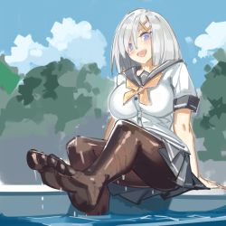 Rule 34 | 1girl, black pantyhose, blush, breasts, cloud, day, feet, hair between eyes, hair ornament, hairclip, hamakaze (kancolle), kantai collection, large breasts, looking at viewer, neckerchief, open mouth, outdoors, pantyhose, pleated skirt, purple eyes, sailor collar, school uniform, serafuku, short hair, short sleeves, simplecar, sitting, sketch, skirt, sky, solo, wet, white hair, yellow neckerchief