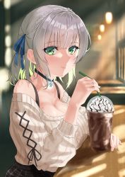 Rule 34 | absurdres, bare shoulders, black choker, black tank top, blunt bangs, blurry, blurry background, blush, braid, breasts, cafe, choker, cleavage, closed mouth, collarbone, cross-laced clothes, cross-laced sleeves, french braid, green eyes, half updo, highres, hololive, i-k-ekaki-9-8, jewelry, large breasts, light smile, looking at viewer, mole, mole on breast, off-shoulder sweater, off shoulder, parted hair, pendant, plaid, plaid skirt, restaurant, ribbed sweater, shirogane noel, shirogane noel (casual), short hair, silver hair, sitting, skirt, snowflake pendant, solo, sweater, tank top, upper body, virtual youtuber, white sweater