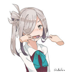 Rule 34 | 1girl, absurdres, alcaffein, asashimo (kancolle), bad id, bad pixiv id, disembodied hand, drooling, grey eyes, hair over one eye, highres, kantai collection, looking at viewer, open mouth, sharp teeth, silver hair, teeth, toothbrush, twitter username