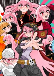 Rule 34 | 2girls, absurdres, bandaged head, bandages, belt, black cape, black dress, blonde hair, blush, breasts, cape, cleavage, cosplay, crying, dress, hair between eyes, highres, hololive, hololive english, hood, hood up, jewelry bonney, jewelry bonney (cosplay), koizumi arata, large breasts, long hair, looking at viewer, mori calliope, mori calliope (1st costume), mori calliope (jigoku 6), mori calliope (vegapunk), multiple girls, multiple persona, one piece, pink hair, reaching, reaching towards viewer, red eyes, reol, solo, spiked cape, v-shaped eyebrows, very long hair, virtual youtuber