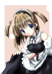Rule 34 | 1girl, black ribbon, blonde hair, blue eyes, border, breasts, cutlass, cutlass (classic chocolate), detached sleeves, frills, large breasts, long sleeves, looking at viewer, maid, maid headdress, original, outside border, pink background, ribbon, short hair, simple background, solo, underbust