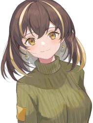 Rule 34 | 1girl, arknights, blonde hair, blush, breasts, brown hair, closed mouth, earrings, green sweater, jewelry, looking at viewer, magallan (arknights), medium breasts, multicolored hair, short hair, simple background, smile, solo, sweater, touchika, two-tone hair, upper body, white background, yellow eyes