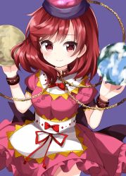Rule 34 | 1girl, alternate costume, apron, black choker, blush, bow, bracelet, breasts, chain, choker, commentary request, cosplay, dress, dress bow, earth (ornament), gold chain, hecatia lapislazuli, highres, jewelry, large breasts, looking at viewer, moon (ornament), nishida satono, nishida satono (cosplay), one-hour drawing challenge, pink dress, puffy short sleeves, puffy sleeves, purple background, red bow, red eyes, red hair, ruu (tksymkw), short sleeves, simple background, smile, solo, touhou, upper body, white apron