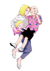 Rule 34 | 1boy, 2girls, :d, android 18, bald, black shorts, blonde hair, blue eyes, blue pants, blush, carrying, child, closed mouth, collared shirt, commentary request, denim, dragon ball, dragon ball super, dress, earrings, eyelashes, family, father and daughter, floral print, grin, hand on another&#039;s shoulder, hand up, hawaiian shirt, husband and wife, jeans, jewelry, kuririn, long sleeves, looking at viewer, marron (dragon ball), mother and daughter, multiple girls, open mouth, pants, pink dress, pink shirt, pny panya, shirt, shoes, short hair, short sleeves, shorts, simple background, sleeveless, sleeveless dress, smile, smirk, sweatdrop, teeth, white background, white footwear, white shirt, wing collar