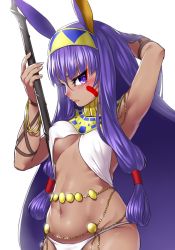 Rule 34 | arm up, armpits, belly, blush, dark-skinned female, dark skin, egyptian, egyptian clothes, fate/grand order, fate (series), highres, long hair, looking at viewer, navel, nitocris (fate), onsoku inu, purple eyes, purple hair, simple background, staff, thighs, wavy mouth, white background