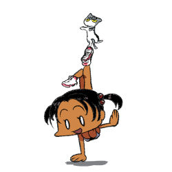 Rule 34 | 1girl, arung samudra (cessa), black hair, cat, cessa, commentary, dark-skinned female, dark skin, english commentary, handstand, lowres, ombok diving and delivery services, one arm handstand, open mouth, shadow, shoes, simple background, smile, solo, twintails, white background