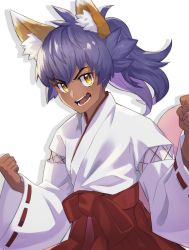 Rule 34 | 1boy, :d, aged down, alternate hairstyle, animal ear fluff, animal ears, bright pupils, clenched hands, commentary request, creatures (company), dark-skinned male, dark skin, game freak, hakama, hands up, highres, japanese clothes, kimono, leon (pokemon), long hair, long sleeves, looking at viewer, male focus, nintendo, open mouth, pokemon, pokemon swsh, ponytail, purple hair, red hakama, smile, solo, teeth, tongue, white kimono, white pupils, wide sleeves, yellow eyes, yunoru