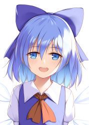 Rule 34 | 1girl, :d, blue bow, blue dress, blue eyes, blue hair, blush, bow, cirno, commentary, dress, fang, flan (seeyouflan), hair between eyes, hair bow, highres, ice, ice wings, looking at viewer, neck ribbon, open mouth, puffy short sleeves, puffy sleeves, red ribbon, ribbon, short hair, short sleeves, simple background, smile, solo, touhou, upper body, white background, wings