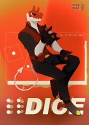 Rule 34 | 1boy, artist logo, artist name, black gloves, black pants, black sclera, black shirt, brown footwear, claws, closed mouth, collared shirt, colored sclera, colored skin, commentary, demon boy, demon horns, demon tail, dice, english commentary, english text, full body, furry, furry male, gloves, hand up, highres, holding dice, horns, invisible chair, looking at viewer, male focus, orange background, original, pants, red eyes, red skin, red vest, shirt, sitting, smile, solo, tail, trina (pckgmeat), vest, white skin