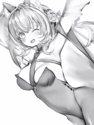 Rule 34 | 1girl, :d, animal ears, blush, braid, fang, greyscale, hakui koyori, hands up, highleg, highleg leotard, highres, hololive, jacket, leotard, looking at viewer, monochrome, nanashi (nlo), necktie, one eye closed, open mouth, pantyhose, simple background, skin fang, smile, solo, virtual youtuber, white background, wolf ears, wolf girl