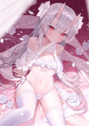 Rule 34 | 1girl, absurdres, bare shoulders, bikini, blush, bow, bra, breasts, curtains, earrings, eyes visible through hair, flower, frilled bikini, frilled bra, frills, grey hair, hair ribbon, headdress, highres, hololive, horns, jewelry, lace, lace-trimmed legwear, lace trim, lifted by self, long hair, looking at viewer, mouth hold, multicolored hair, nakiri ayame, navel, oni, panties, petals, red eyes, red hair, ribbon, rin31153336, rose, shy, side-tie bikini bottom, side-tie panties, sitting, skin-covered horns, small breasts, solo, stomach, streaked hair, swimsuit, thighhighs, underwear, very long hair, virtual youtuber, white bikini, white bow, white bra, white curtains, white flower, white panties, white rose, white thighhighs