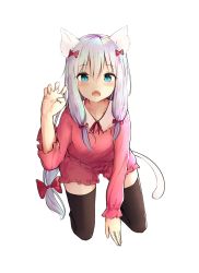 Rule 34 | 10s, 1girl, :o, all fours, animal ears, blue eyes, blush, bow, cat ears, cat tail, claw pose, eromanga sensei, fang, hair bow, highres, izumi sagiri, kayakooooo, long hair, looking at viewer, open mouth, pet play, pink bow, revision, signature, silver hair, solo, tail, thighhighs, transparent background