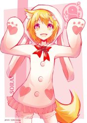 Rule 34 | 1girl, animal ears, animal hood, arknights, blonde hair, bow, bowtie, rabbit hair ornament, character name, commentary, cowboy shot, english commentary, fang, hair ornament, hands up, heart, heart-shaped pupils, hood, hoodie, looking at viewer, multicolored eyes, open mouth, penguin logistics logo, pixiv id, red bow, red eyes, rikotch07, short hair, skin fang, solo, sora (arknights), symbol-shaped pupils, tail, white hoodie, wolf ears, wolf girl, wolf tail