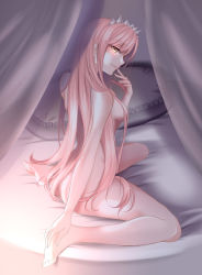Rule 34 | 1girl, absurdres, ass, barefoot, bed, breasts, canopy bed, closed mouth, crown, curtains, fate/grand order, fate (series), from side, hair censor, hair over breasts, highres, indoors, long hair, looking at viewer, medb (fate), medb (fate), medium breasts, nude, on bed, pink hair, profile, sitting, smile, soles, solo, straight hair, very long hair, wariza, yellow eyes, zasshu