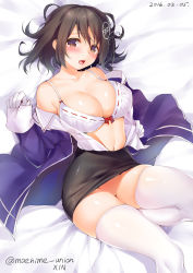 Rule 34 | 10s, 1girl, black hair, blush, bra, breasts, brown eyes, cleavage, dated, gloves, haguro (kancolle), haguro kai ni (kancolle), hair ornament, highres, kantai collection, large breasts, looking at viewer, navel, no panties, obiwan, open clothes, open mouth, ribbon-trimmed bra, ribbon trim, short hair, skirt, smile, solo, thighhighs, twitter username, underwear, white bra, white thighhighs