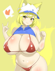 Rule 34 | 1girl, absurdres, alternate costume, animal ears, bikini, blonde hair, blush, breasts, closed mouth, commentary, curvy, fox ears, fox girl, fox shadow puppet, fox tail, heart, highres, huge breasts, kitsune, looking at viewer, multiple girls, navel, red bikini, shirokumall, short hair, simple background, skindentation, smile, solo, spoken heart, swimsuit, tail, touhou, white headwear, yakumo ran, yellow background, yellow eyes