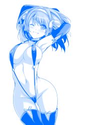 Rule 34 | 1girl, absurdres, armpits, blue theme, breasts, contrapposto, cowboy shot, elbow gloves, gloves, grin, hairband, haruhisky, highres, large breasts, looking at viewer, monochrome, navel, nipples, short hair, simple background, slingshot swimsuit, smile, solo, standing, suzumiya haruhi, suzumiya haruhi no yuuutsu, swimsuit, thighhighs, thighs, white background