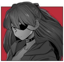 Rule 34 | 1girl, bad id, bad pixiv id, breasts, choker, cleavage, commentary request, evangelion: 3.0+1.0 thrice upon a time, eyepatch, hair between eyes, hood, hooded jacket, interface headset, jacket, long hair, looking at viewer, monochrome, neon genesis evangelion, no bra, rebuild of evangelion, red background, red theme, solo, souryuu asuka langley, yoshiragi