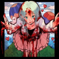 Rule 34 | 1girl, aqua eyes, aqua hair, black shirt, blood, blood in hair, blood on breasts, blood on clothes, blood on face, blood on hands, breasts, chinese commentary, cleavage, commentary request, enomoto noa, face cutout, gunshot wound, highres, lab coat, large breasts, long sleeves, looking at viewer, low ponytail, open mouth, parted bangs, photo stand-in, saibou shinkyoku, shirt, side ponytail, smile, solo, tsubune