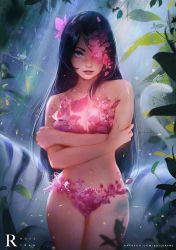 Rule 34 | 1girl, bare arms, bare legs, bare shoulders, black hair, breasts, cleavage, cowboy shot, crossed arms, flower, forest, freckles, grey eyes, hair flower, hair ornament, hair over one eye, jungle, lingerie, lips, long hair, looking at viewer, medium breasts, nature, navel, original, petals, plant, ross tran, smile, solo, standing, underwear