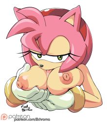 Rule 34 | 1girl, amy rose, breasts, breasts squeezed together, coolblue, furry, furry female, gloves, green eyes, half-closed eyes, headband, nipples, nude, patreon, pink hair, saliva, sega, solo, tongue, tongue out, watermark