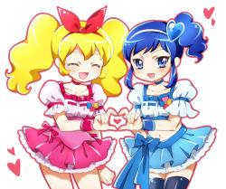 Rule 34 | 2girls, :d, ^ ^, aged down, aikatsu!, aikatsu! (series), blonde hair, blue eyes, blue hair, blush, bow, choker, closed eyes, commentary request, cosplay, cowboy shot, crop top, cure berry, cure berry (cosplay), cure peach, cure peach (cosplay), dress, fresh precure!, hair bow, hair ornament, hairband, heart, heart hair ornament, heart hands, heart hands duo, hoshimiya ichigo, kagami chihiro, kiriya aoi, long hair, looking at viewer, magical girl, midriff, multiple girls, navel, open mouth, parody, partial commentary, precure, puffy short sleeves, puffy sleeves, shiny clothes, shiny skin, short sleeves, side ponytail, simple background, skirt, smile, thighhighs, twintails, white background, wrist cuffs