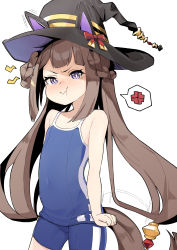 Rule 34 | 1girl, absurdres, alternate costume, anger vein, animal ears, arms at sides, bare arms, bare shoulders, blunt bangs, blush, brown hair, collarbone, commentary request, covered navel, cowboy shot, female focus, flat chest, hair rings, hat, highres, horse ears, horse girl, legs apart, long hair, looking at viewer, old school swimsuit, pout, school swimsuit, simple background, solo, speech bubble, sweep tosho (umamusume), swimsuit, twintails, umamusume, umashio, v-shaped eyebrows, very long hair, white background, witch hat