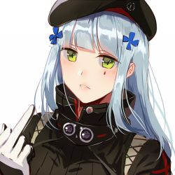 Rule 34 | 1girl, beret, blunt bangs, blush, breasts, facepaint, girls&#039; frontline, gloves, green eyes, hair ornament, hat, hk416 (girls&#039; frontline), jacket, long hair, looking at viewer, medium breasts, middle finger, parted lips, silence girl, silver hair, simple background, solo, teardrop, white background