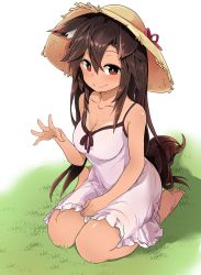 Rule 34 | 1girl, animal ears, bare shoulders, blush, breasts, brown hair, cleavage, collarbone, dress, full body, grass, hat, highres, imaizumi kagerou, long hair, medium breasts, red eyes, sitting, sleeveless, sleeveless dress, smile, solo, straw hat, sundress, tail, tan, tanline, touhou, tyouseki, wariza