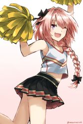 Rule 34 | 1boy, ;d, armpits, astolfo (fate), braid, cheerleader, crop top, crop top overhang, fate/apocrypha, fate (series), hair ribbon, long hair, looking at viewer, male focus, midriff, navel, one eye closed, open mouth, pink hair, pom pom (cheerleading), purple eyes, ribbon, shoes, single braid, skirt, smile, sneakers, solo, somechime (sometime1209), trap, twitter username, white background