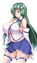 Rule 34 | 1girl, arm behind back, bare shoulders, blue skirt, breasts, cameltoe, chestnut mouth, covered erect nipples, detached sleeves, ebi 193, frog hair ornament, green eyes, green hair, hair ornament, hand up, huge breasts, kochiya sanae, long hair, midriff, miniskirt, no bra, panties, pantyshot, simple background, skirt, solo, standing, thighhighs, touhou, underwear, very long hair, white background, white panties, white thighhighs